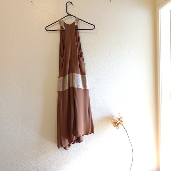 Vintage 90s Keyhole Asymmetric Mocha/Tan Flapper Inspired Dress - Picture 8 of 16